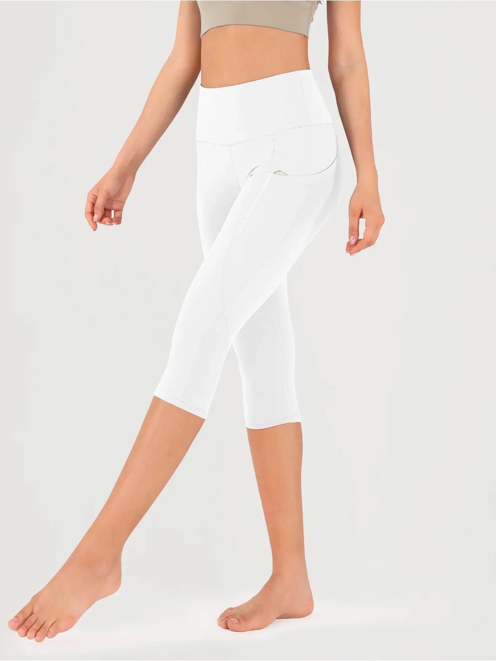 ODODOS White High Waisted Capri Leggings with Zipper Pockets Size XS